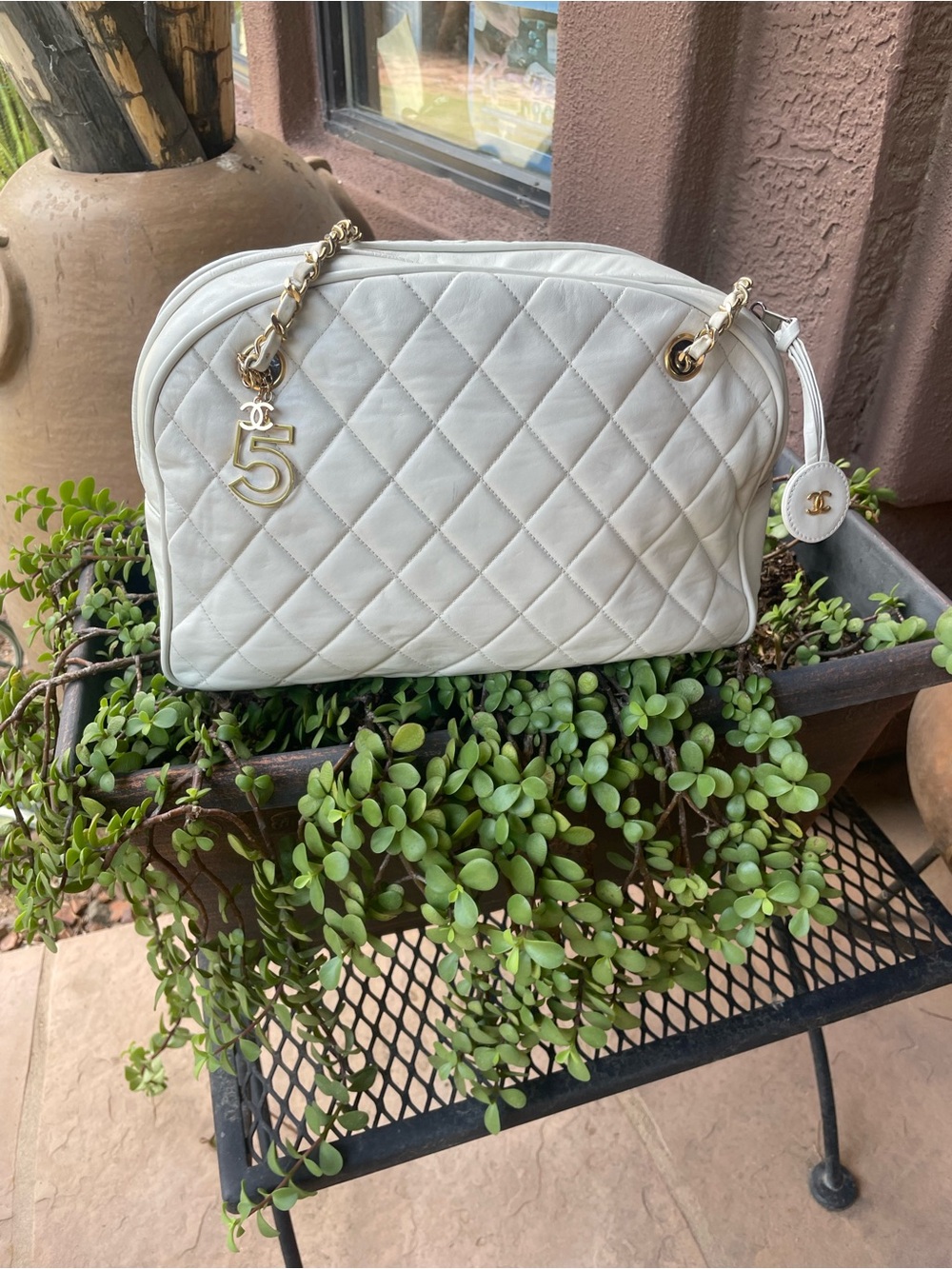 CHANEL White Quilted Shoulder Camera Bag with Gold Hardware
